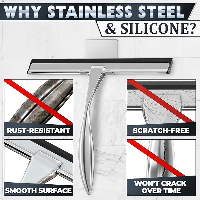 12" Silver Shower Door Squeegee - Stainless Steel Shower Squeegee for Streak-Free Bathroom Glass with Silicone Blade, Adhesive & Hanging Hooks for Mirror, Tile, Window, Car, Multi-Surface Everyday Use