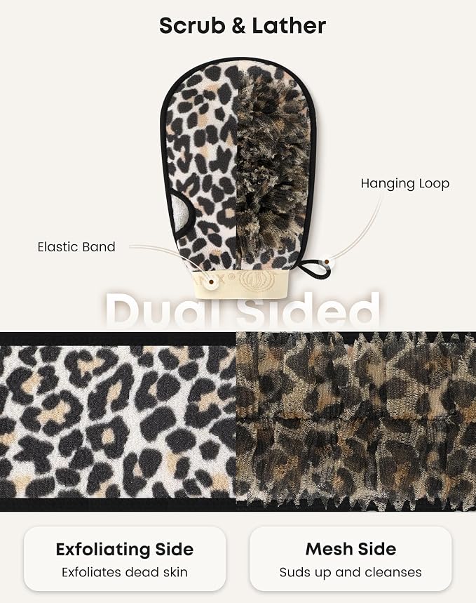 eaxun Exfoliating Back Scrubber with Two Handles & Glove for Shower, Dual-Sided Bath Exfoliator and Mitt with Mesh Loofah for Men, Women, Elderly, Deep Cleansing Body Washer Set - Leopard