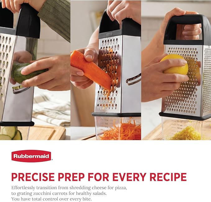 Rubbermaid EZ Grip Box Grater, Stainless Steel Cheese Grater & Container - BPA Free Multi-Surface Cheese Shredder & Food Grater for all Vegetables | Graters for Kitchen -Non-Slip Base, Dishwasher Safe