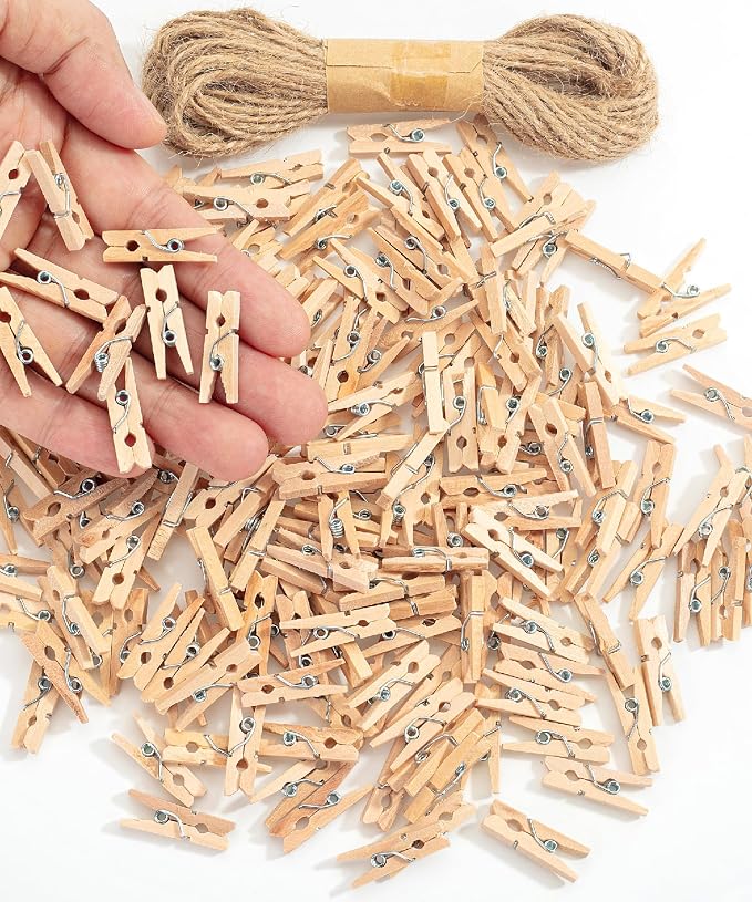 Mr. Pen- Mini Wooden Clothes Pins for Photo, 1 Inch, 200 Pack, Small Clothespins with Jute Twine for Scrapbooking, Labeling Plants, Gift Tags, Tiny Crafts, Photo Display, Decoration