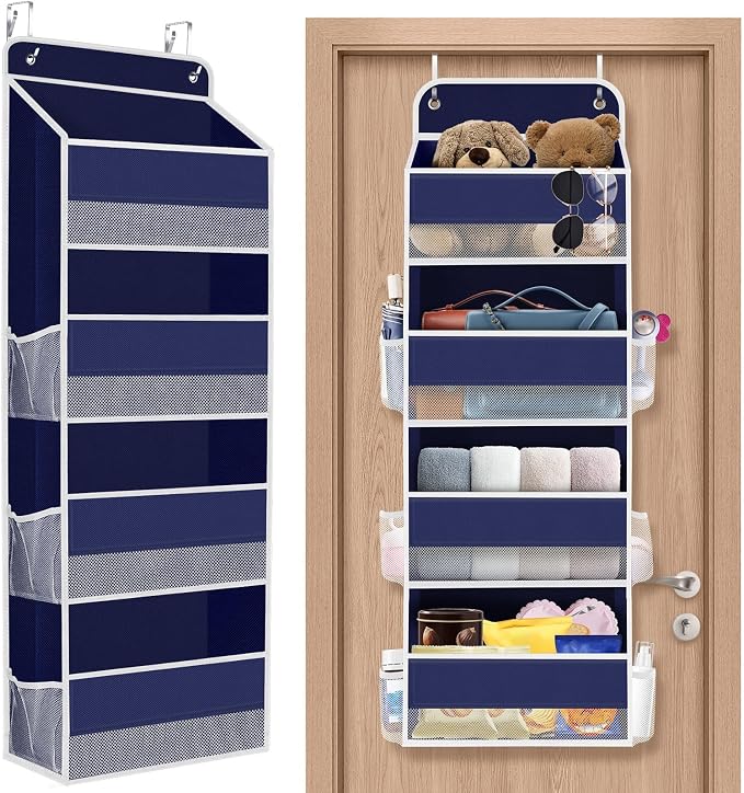 SpaceHacks 1 Pack Over The Door Organizer, Hanging Storage Organizer with Clear Window, 40lb Ultra Sturdy Large Capacity Room Organizer for Pantry Laundry Bathroom Nursery Closet (Blue)
