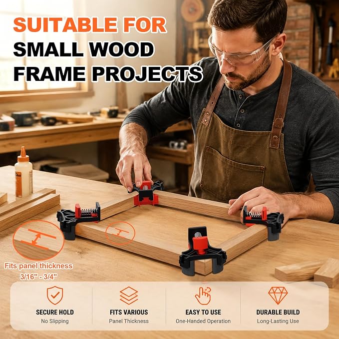 WETOLS 90 Degree Corner Clamp Set, 4 Pcs Adjustable Clamps for Woodworking | 4-Piece Set, 90° Corner Clamps, Fits 3/16"-3/4" Wood, Strong Spring, Easy One-Hand Operation, Durable Polyamide, Gift Box