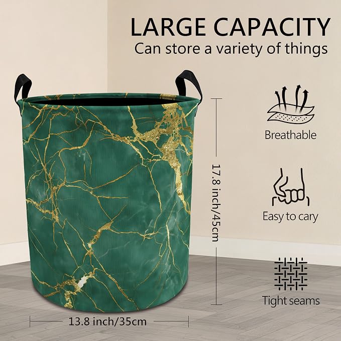 Modern Abstract Green and Gold Laundry Basket with Handles, Luxury Emerald Green Marble Collapsible Waterproof Laundry Hamper Clothes Storage Basket for Bedroom Bathroom Home
