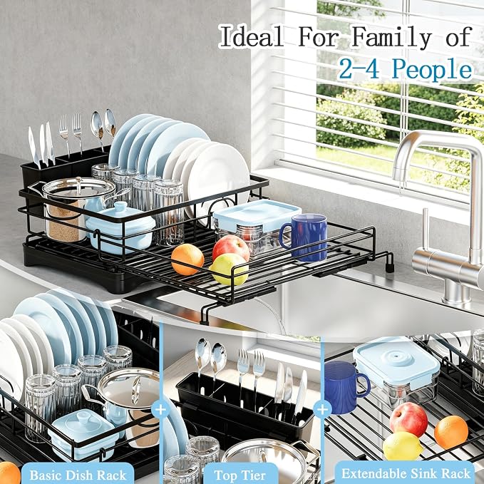Expandable Dish Drying Rack for Kitchen Counter, Large Capacity Dish Rack with 360° Rotatable Drain Spout & Utensil Holder, Stainless Steel Dish Drainer for Kitchen Sink, Black