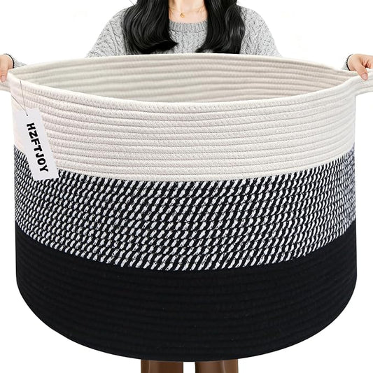 65L Large Blanket Basket,Woven Rope Laundry Basket-Mixed Black | Collapsible Nursery Storage Bin with Sturdy Handles, Organizes Clothes, Toys and Pillows for Living Room, Bedroom, Bathroom