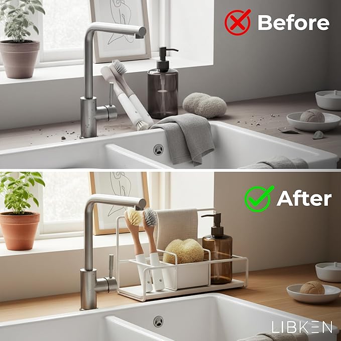 LIBKEN Kitchen Sponge Holder with Drying Stone – Warm Grey Powder Coated Metal Sink Caddy – Minimal Scandinavian Design Sponge Rack for Kitchen Sink Organization & Elegant Countertop Storage