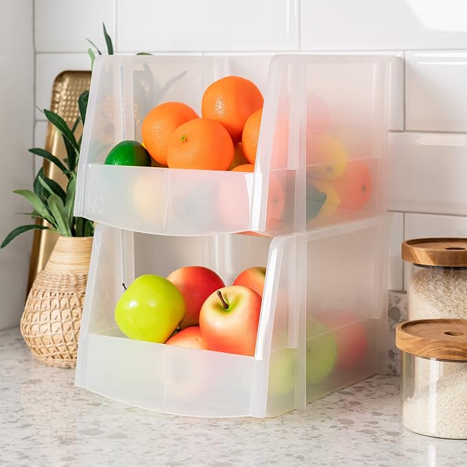 IRIS USA 4-Pack, X Large Plastic Stackable Storage Bin Organizer, Clear | Store snacks, cans, coffee pods, and household essentials with clear visibility and open access