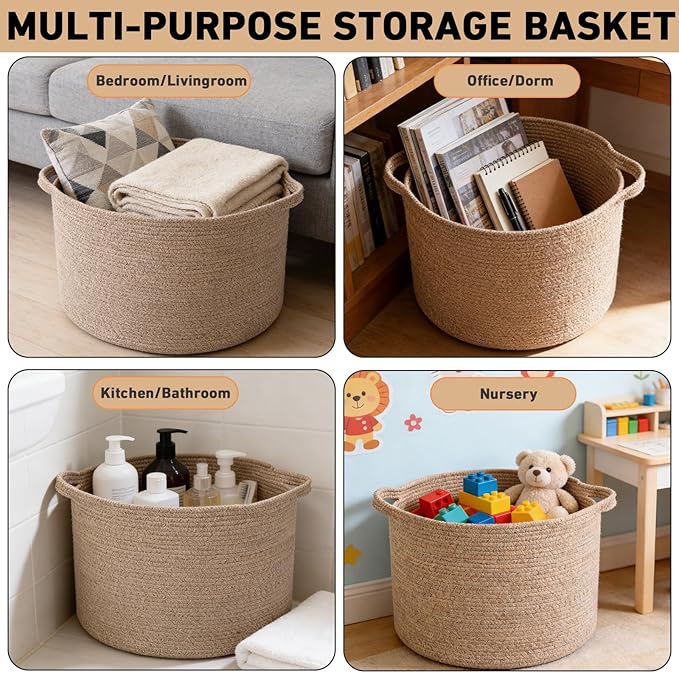 65L Extra Large Woven Cotton Rope Blanket Basket with Handles, Laundry Hamper Storage Bin for Pillows, Comforters,Clothes, Toys, Nursery, Bedroom and Living Room Organization,Brown