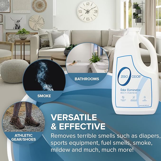 Zero Odor Multi-Purpose Odor Eliminator, Air and Surface Odor Remover for Home, Bathroom, Kitchen, and Closet, Refill, 64 oz, 2-Pack