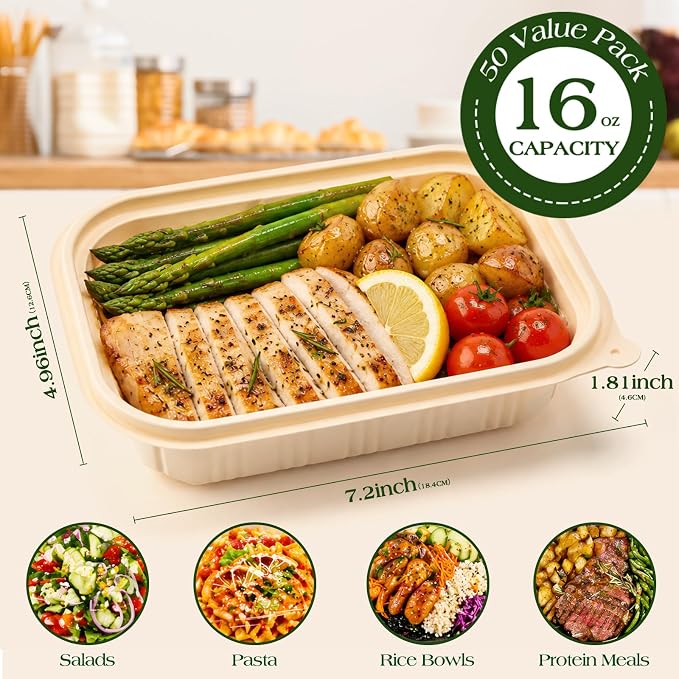100 Piece (50 Pack) Meal Prep Containers with Lids, 16 oz Cornstarch Small Food Storage Containers Plant-based Lunch Box for Salad, BPA Free Plastic Disposable Take Out Boxes Microwave & Freezer Safe