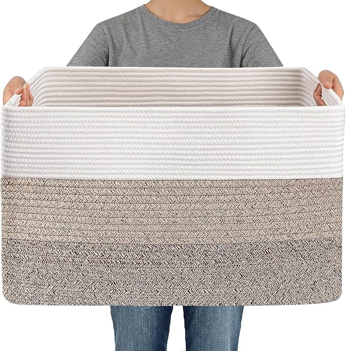 JMvicyroam 96L Large Woven Cotton Rope Blanket Basket, White&Brown | Blanket storage for living room or bedroom use, Freestanding with reinforced handles, Entire basket is machine washable