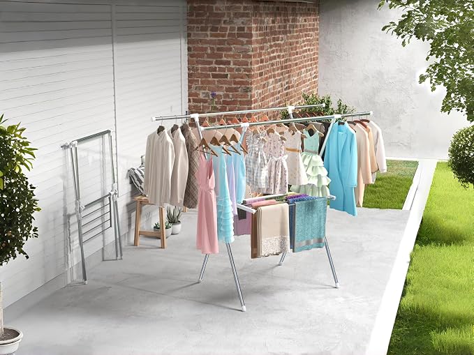 Foldable Clothes Drying Rack 63 Inch Stainless Steel, Heavy Duty Space Saving Laundry Rack Indoor Outdoor, Double Rod Design for Balcony, Laundry Room, Home