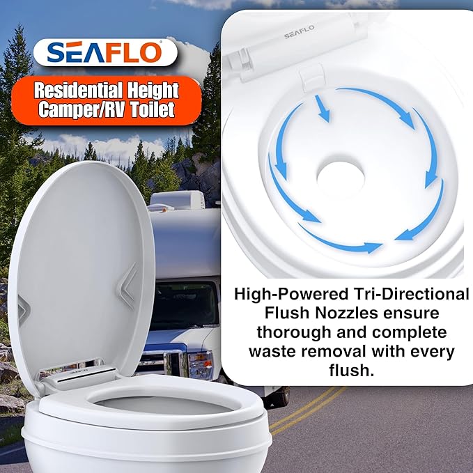 SEAFLO RV Toilet with Sprayer Attachment - White, 18.4” Residential Height, Gravity Flush Foot Pedal Camper Toilet Soft Close Seat Elongated Bowl Motorhome, 4-Year Warranty, SFRTPH-01-02