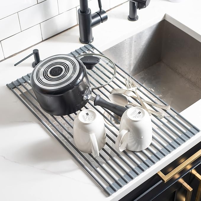edge Roll Up Dish Drainer, Over The Sink Multi-Purpose Foldable Drying Rack, Silicone Coated Gray, Medium- 17" x 13.1"
