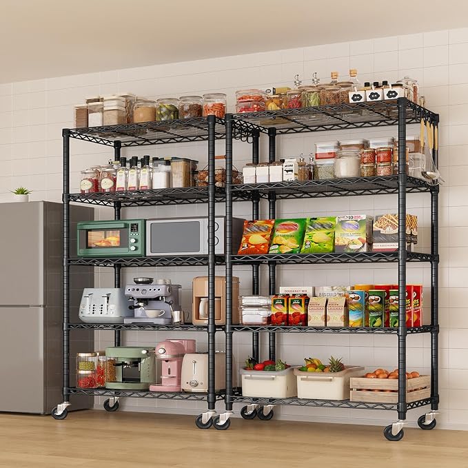 Wire Storage Shelves with Wheels: 5 Tier Adjustable Metal Shelving Unit, NSF Heavy Duty Kitchen Bakers Rack, Rolling Pantry Shelf Organizer for Closet, Laundry, Garage, 24" W x 18" D x 75" H