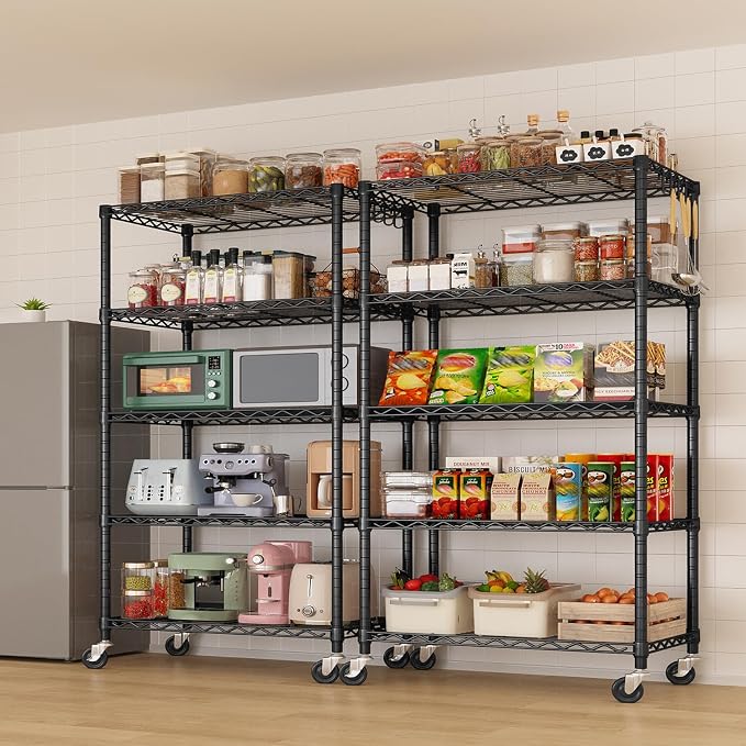 Wire Storage Shelves with Wheels: 5 Tier Adjustable Metal Shelving Unit, Heavy Duty Bakers Rack Rolling Pantry Shelf Organizer for Closet, Kitchen, Laundry 24" W x 18" D x 75" H, Black, 3PCS