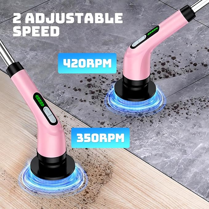 Electric Spin Scrubber, 2-Speed Cleaning Brush, Extendable Handle (Pink) | Includes 7 reusable brush heads and an IPX7-rated design for cleaning bathrooms, showers, kitchens, tile, floors, and grout