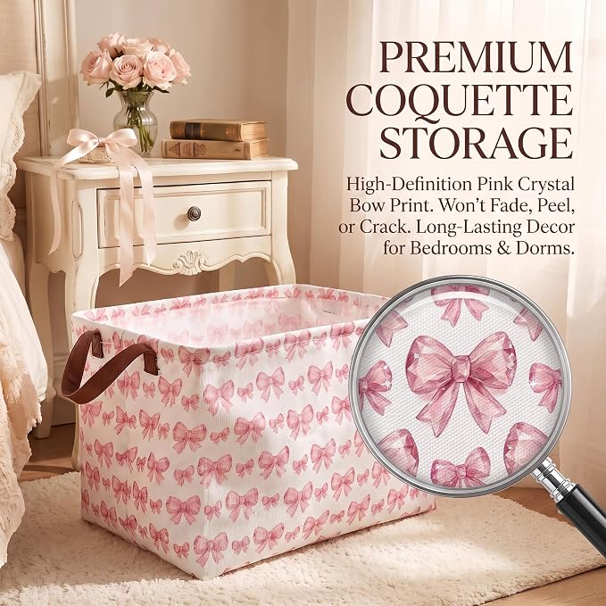 Pink Bow Storage Gift Basket: Waterproof Polyester Collapsible Storage Bin