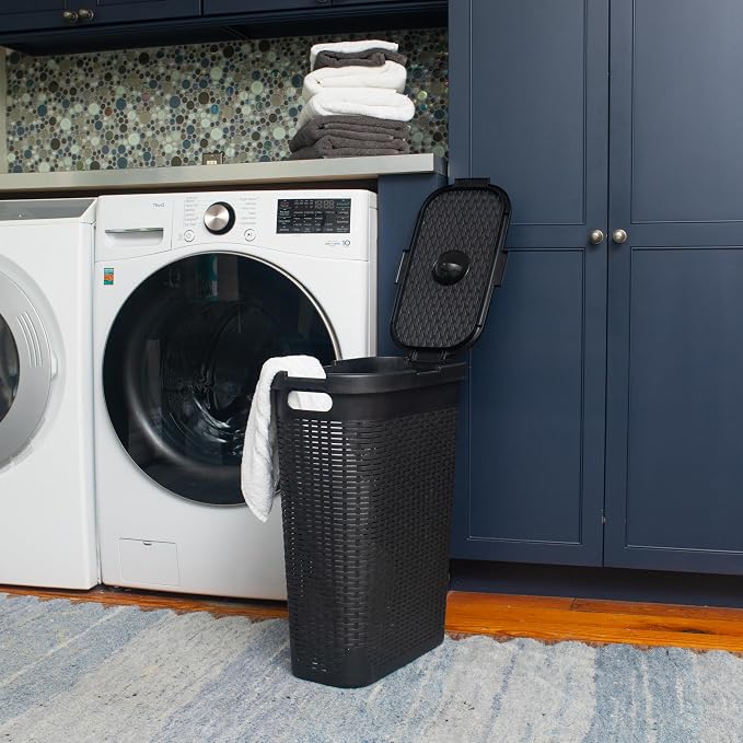 Mind Reader Slim Laundry Hamper with Lid, 40L Clothes Basket, Narrow Tapered Design with Ventilated Cutout Pattern, Plastic, Black