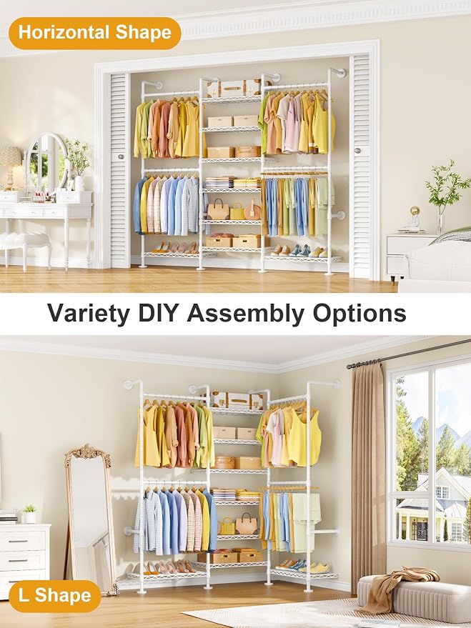 ULIFHOME M6 Clothes Rack for Wall Mounted, Heavy Duty Closet Wardrobe System with 8 Shelves and 4 Hanger Rods, 68.5" W x 11.8" D x 86.6" H Clothing Storage Organizer for Holding 1064lbs, White