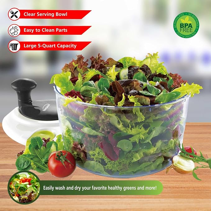 Brentwood Salad Spinner with 5-Quart Serving Bowl (Black)