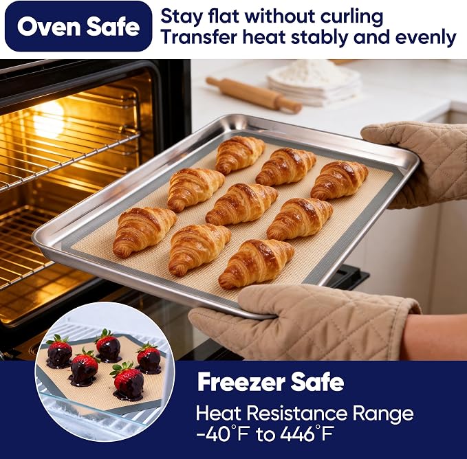 E-far Silicone Baking Mats, 15x11” Nonstick Reusable Silicone Mat for Kitchen Oven Baking Cookie Bread Pastry, 2-Pcs Food Grade Rectangle Silicon Baking Sheet, Heat-Resistant & Dishwasher Safe, Gray