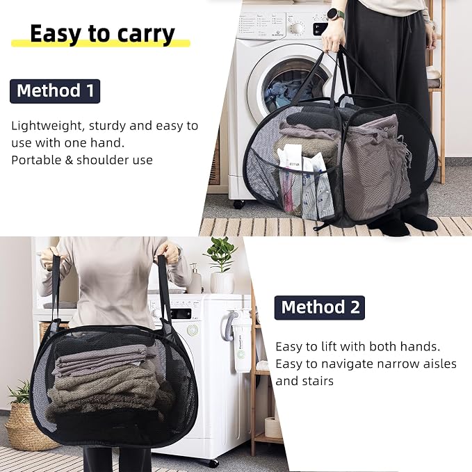 Collapsible Laundry Basket, 90L Mesh Pop-up Hamper with Handles | Foldable Storage Clothes Bag for Laundry, Bathroom, Dorm, Travel, Camping, Space-saving, Black
