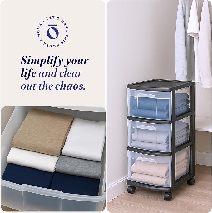 HOMZ Drawer Tower, 3-Tier Storage Cart with Removable Wheels, Black Frame | Plastic Organizer with Clear Bin Drawers for Bedroom, Bathroom, Home Office, and Dorm Rooms