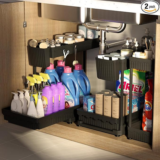 Sevenblue 3 Pack Multi-Purpose Under Sink Organizers and Storage, 2026 L-Shaped Pull Out Cabinet Organizer for Bathroom & Kitchen, Under Cabinet Organizer with Hooks Hanging Cup (Black, 14.85 inch)