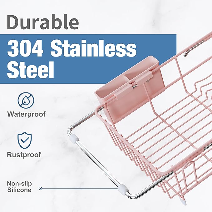 JASIWAY Pink Dish Drying Rack in Sink with Mat, Expandable Stainless Steel Dish Drainers for Kitchen Counter, Space Saving Dish Dryer for Inside Sink, Over Sink Dish Racks with Utensil Holder