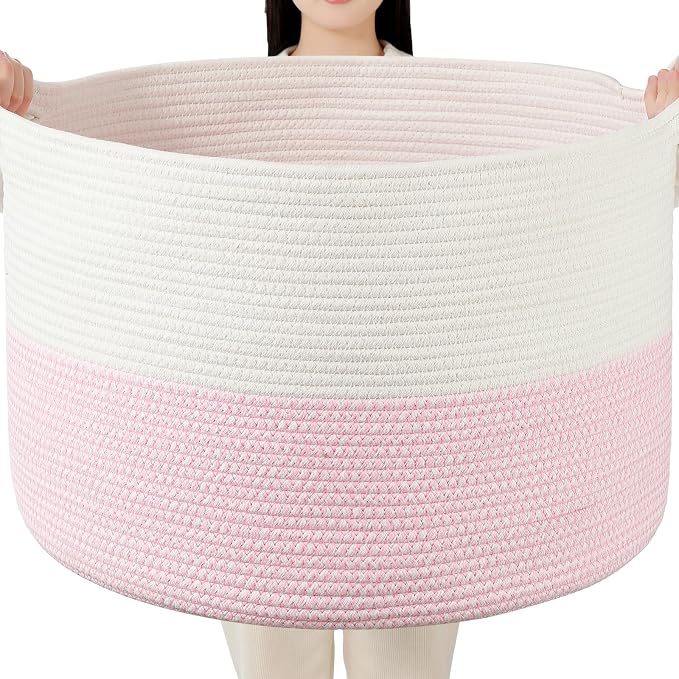 Foldable Laundry Hamper Basket with Collapsible Handle Cotton Rope Soft Woven Fabric Storage Organizer Clothes Toys Nursery Bedroom Dorm Space Saving Bin (White & Pink, 65L(19.7"D x 12.6"H))