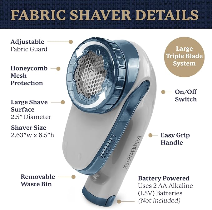 Farberware Fabric Shaver & Lint Remover for Clothing, Large, Triple Blade | Sweater shaver removes pilling, fuzz, and lint balls from clothes, couch, and furniture, battery operated