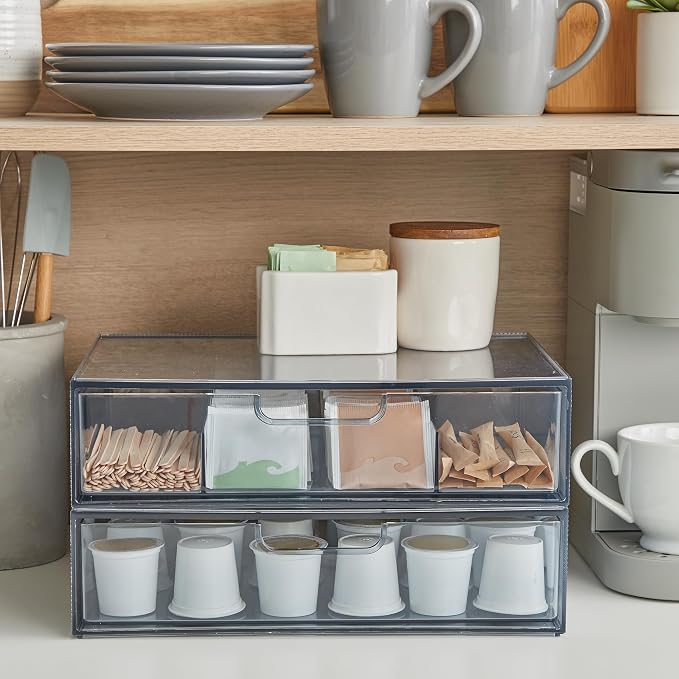 STORi STAX Plastic Stackable Organizer Drawers (Set of 2) Classic Grey | 12.5" Wide | Set Includes One Open Drawer & One Divided Drawer | Organize Office Desk Accessories & Sort Paper | Made in USA