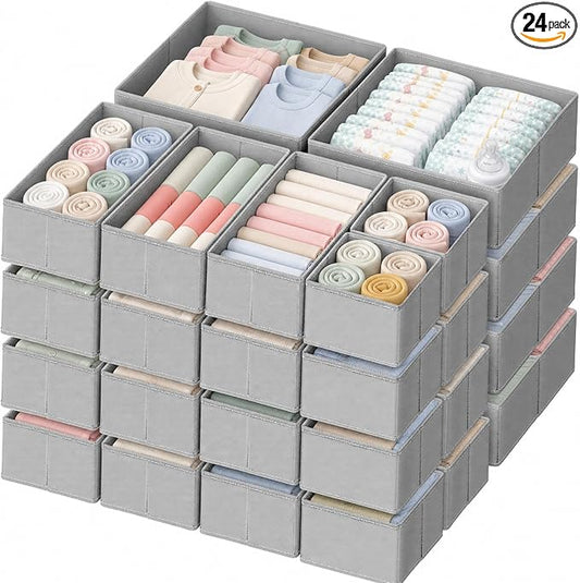 Criusia Drawer Organizer Clothes, 24 Pack Dresser Organizer for Baby Clothes, Underwear, Sock- Foldable Closet Organization and Storage Dividers Bins for Nursery, Bedroom and Dorm (Grey)