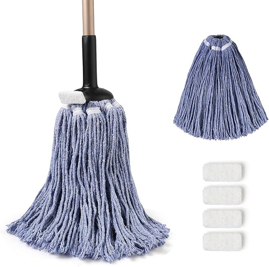 Eyliden Heavy Duty Floor Mop, Non-Touch Replacement, 2 Reusable Cotton Heads, 4 Scouring Pads, Industrial Wet & Dry Mops for Home & Commercial, Kitchen, Garage & Office Floor Cleaning, Blue