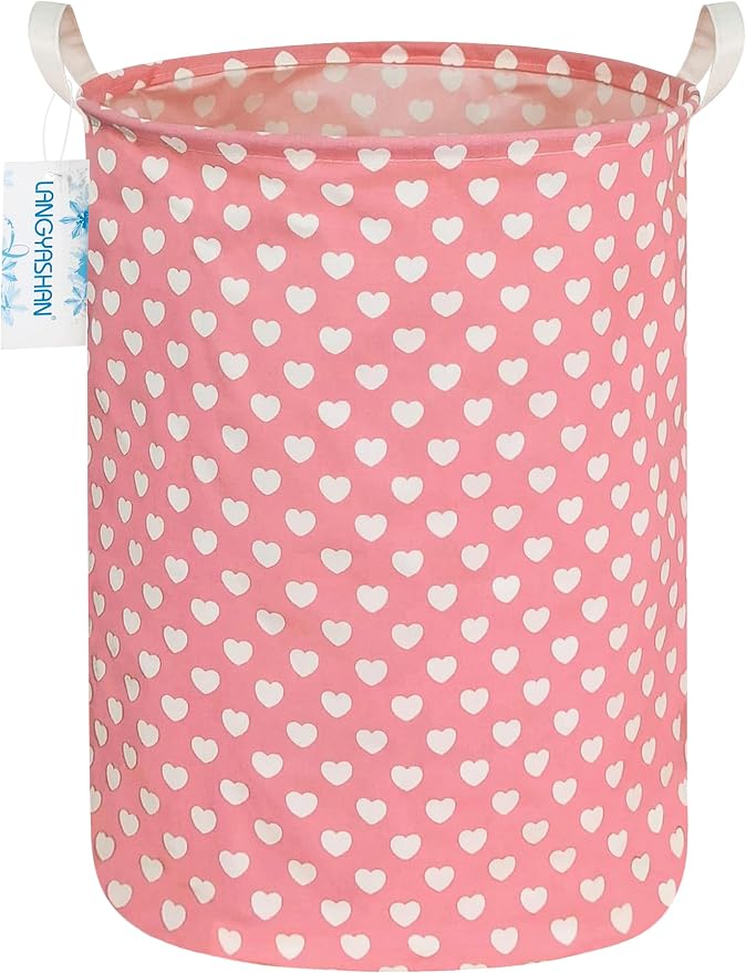 Round Laundry Basket Collapsible Storage Hamper Organizer Pink Heart | Waterproof Canvas Foldable Baskets with sturdy Handles Multi-scene Organizer for Home Play Bedroom Gift Bin
