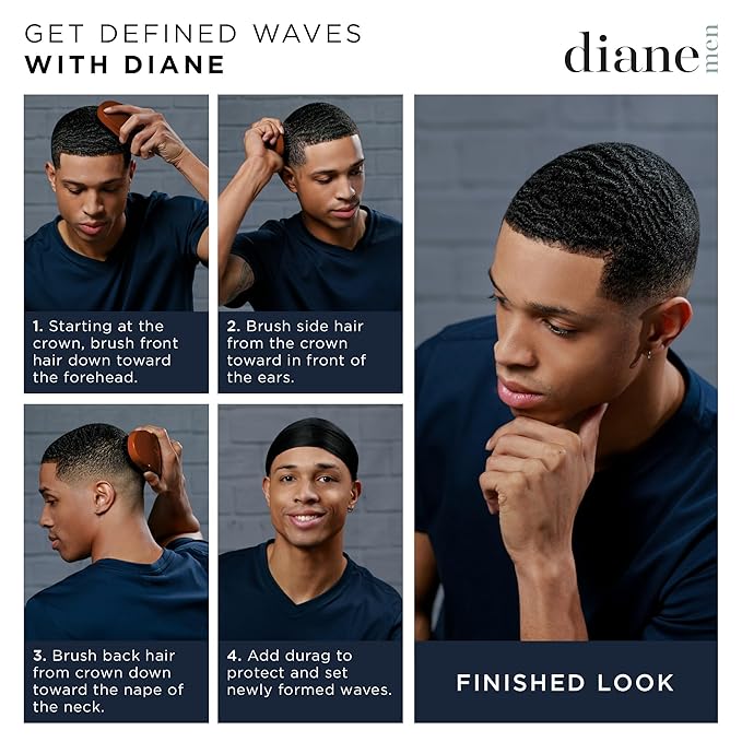 Diane Premium 100% Boar Bristle Military Wave Hair Brush for Men, Medium Firm Bristles for Thick, Curly or Coarse Hair, Use for Detangling, Smoothing, Wave Styles, Soft on Scalp, Restores Shine