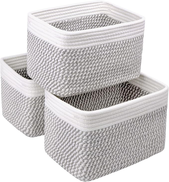 R RUNKA Small Cotton Rope Basket – Storage Bin for Organizing (10.6" x 6.7" x 6.7"), Bathroom Storage Basket for Shelf, Counter & Closet（White & Mixed Grey）