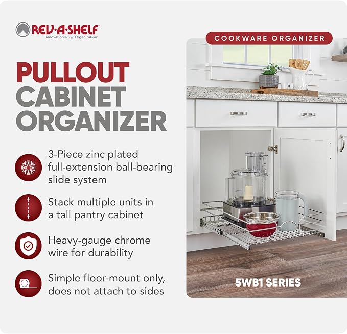 Rev-A-Shelf Steel Wire Pullout Drawer Organizer Shelf for Kitchen Cabinets, Slide Out Storage Basket, Min Opening Width of 17.5", 18" x 20", 5WB1-1820CR-1
