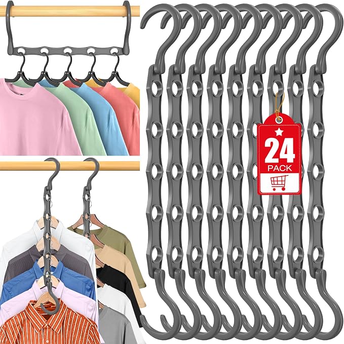 24 Pack Hangers Space Saving Magic Plastic Hanger Organizer Shirt Space Saving Hangers, Multi Clothes Hangers Space Saver for Closet Organizers Storage College Dorm Room Essentials, Grey | Shirt Space Saving Hangers, Multi Clothes Hangers Space Saver f...