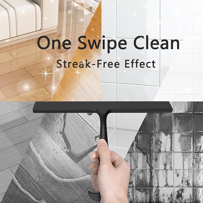 Shower Squeegee for Glass Doors, All-One-Piece Winning - Silicone Squeegee | Squeegee with Built-in Hook for Shower Glass,Bathroom, Window, Mirror, Tile Wall,Car, Streak-Free Cleaner Tool,10-Inch,Black