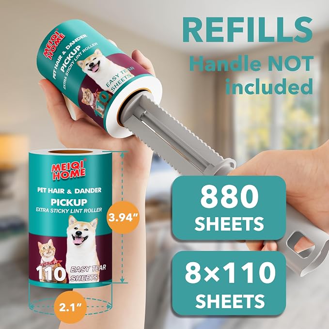 MEIQIHOME Extra Sticky Lint Roller Refills Only, 880 Easy-Tear Sheets for 3.9"-4" Lint Rollers with 1.5" Inner Diameter for Pet Hair Removal on Clothes, Furniture, and Carpets