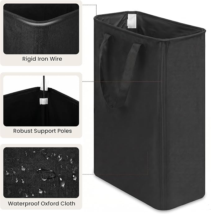 efluky 2 Pack Slim Laundry Basket, Narrow Laundry Hamper with Handles, Collapsible Dirty Clothes Hamper, Tall Laundry Bin for Laundry Room, Dorm and Bedroom, 50L Black