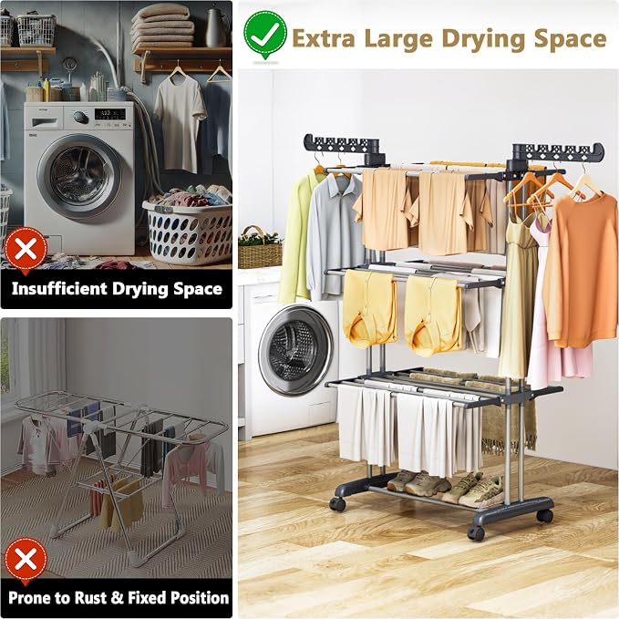 Reinforced Clothes Drying Rack Foldable, 4-Tier Drying Rack with Wheels | Heavy Duty Foldable Laundry Drying Rack for Indoor Outdoor Air Drying, Ideal for Large Families, 19.68"D x 29.92"W x 67.70"H