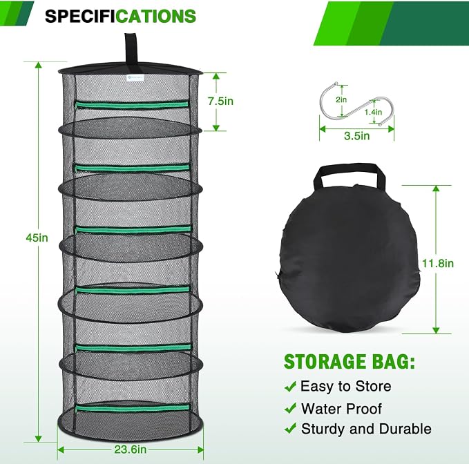 Yesker 6 Layer Herb Drying Rack Hanging Mesh Net Foldable Plant Drying Racks 24" Diameter with Green Zipper & Hook Dryer Hanging Rack for Herbs Seed Bud Fruit Clothes Grow Tent Closets Garden Outdoor