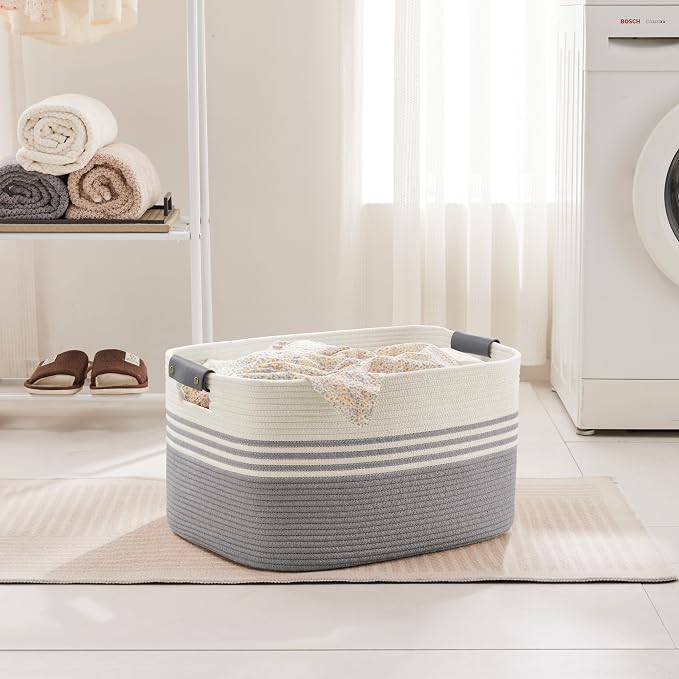 72L Large Woven Laundry Basket Hamper with Leather Handles,Grey | collapsible wicker hamper, storage for dirty clothes, toys, blankets, gifts, living room, bedroom, bathroom, 22"x17"x12"