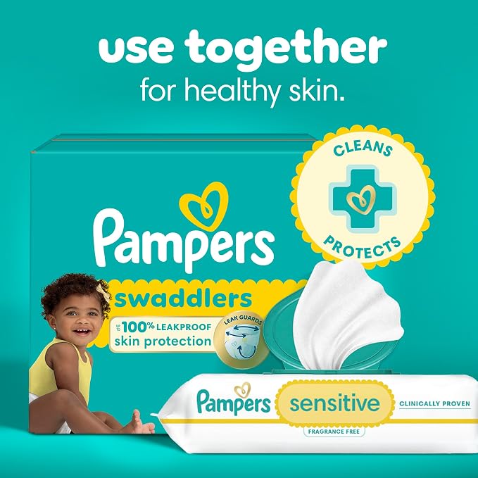 Pampers Sensitive Baby Wipes, Clinically Proven, Fragrance Free, Unscented, Water Based, Hypoallergenic, Multi-Use, Hand Wipes 168 Wipes Total (2X Flip-Top Packs) [Packaging May Vary]