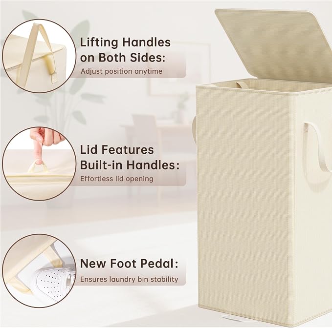 Criusia Laundry Hamper with Lid and Foot Pedal, 100L Fabric Laundry Basket with Removable Mesh Bag, Slim Foldable Design for Bathroom and Laundry Room (Beige)
