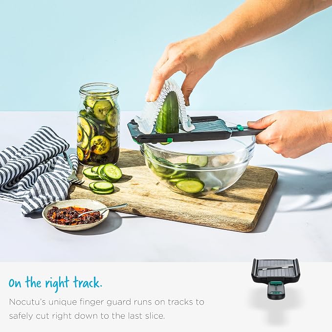 Dreamfarm Nocutu Adjustable Handheld Mandoline Slicer with Finger Guard | Fruit and vegetable cutter with flexible snap-on protective blade cover and non-slip foot - creates precise 1-3mm thin slices