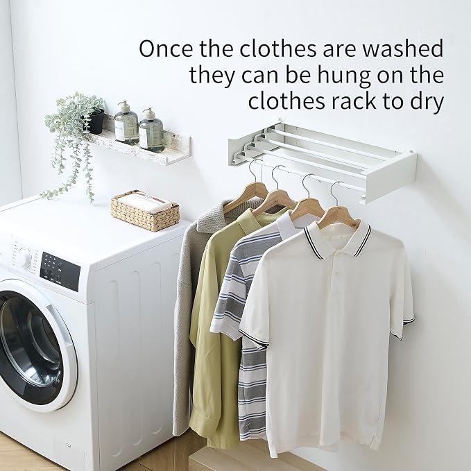 RFOUO Wall Mounted Clothes Drying Rack,White 19.7", | Foldable,Space saver Drying Rack for Laundry Balcony Bathroom, 4 Aluminum Rods, 40 lb Capacity